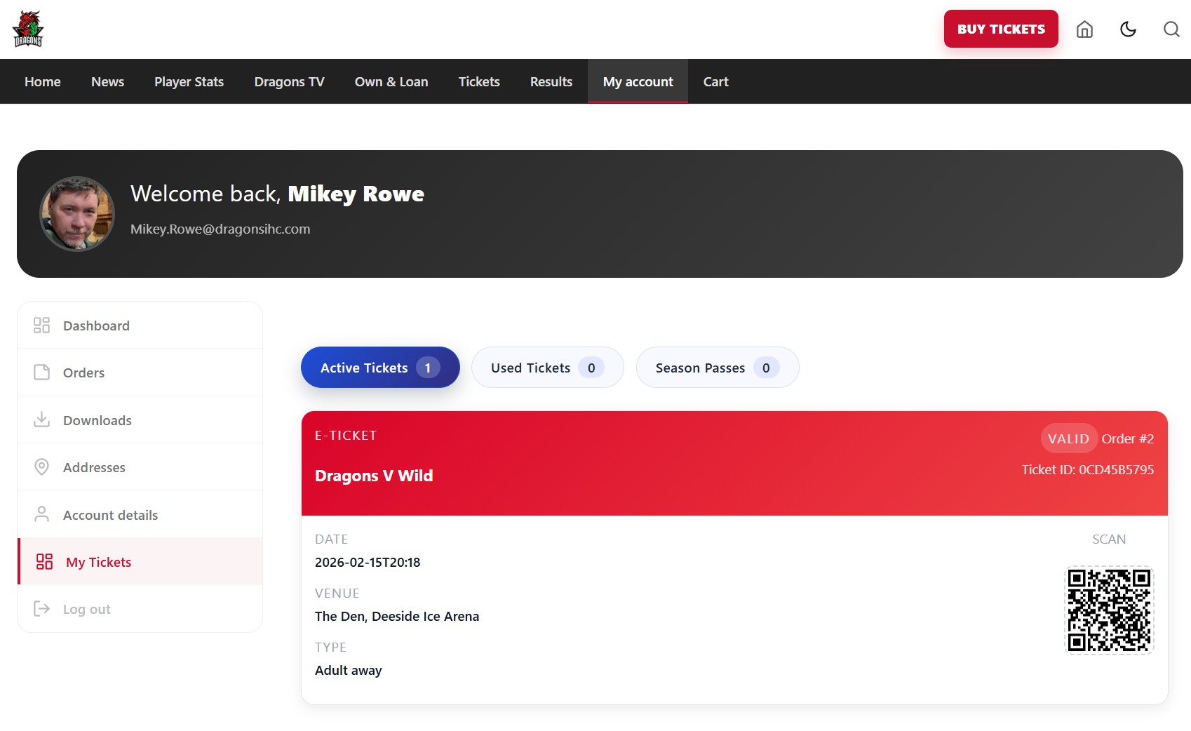 My Tickets tab in My Account showing your game tickets with QR codes