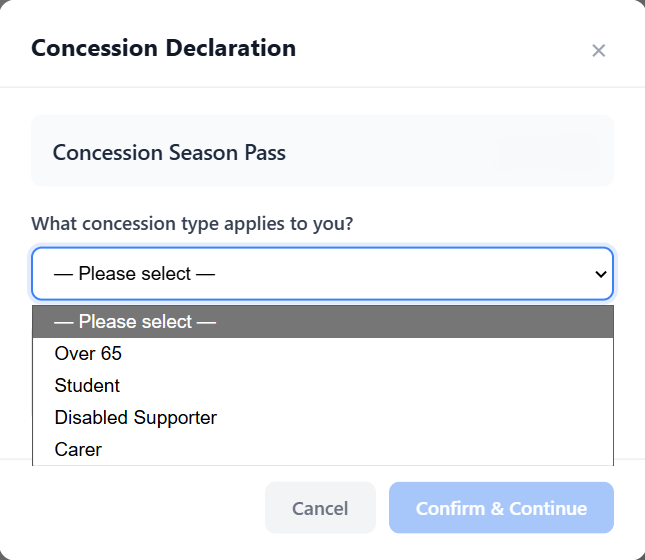 Concession ticket dropdown showing Over 65, Student, Disabled Supporter and Carer options