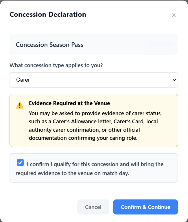 Concession ticket confirmation statement and checkbox confirming evidence can be produced if requested