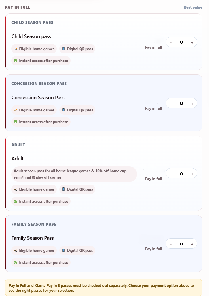 General Access Season Pass screen showing ticket type selection options