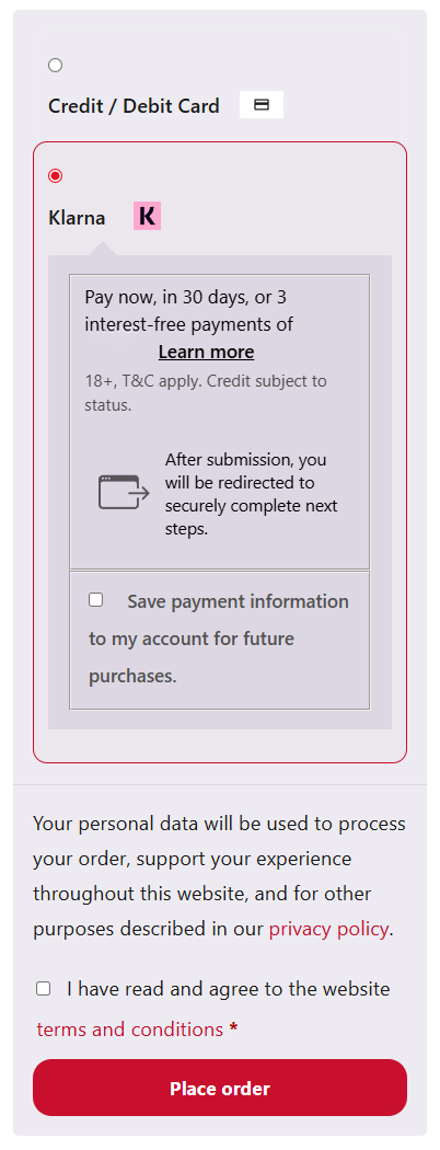 Checkout page showing the Klarna payment option for Pay in 3 Season Passes