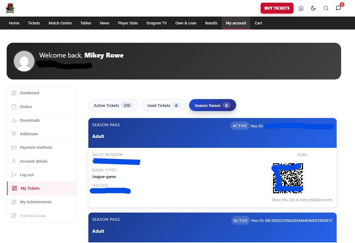 My Account and My Tickets area showing where Season Pass details can be found