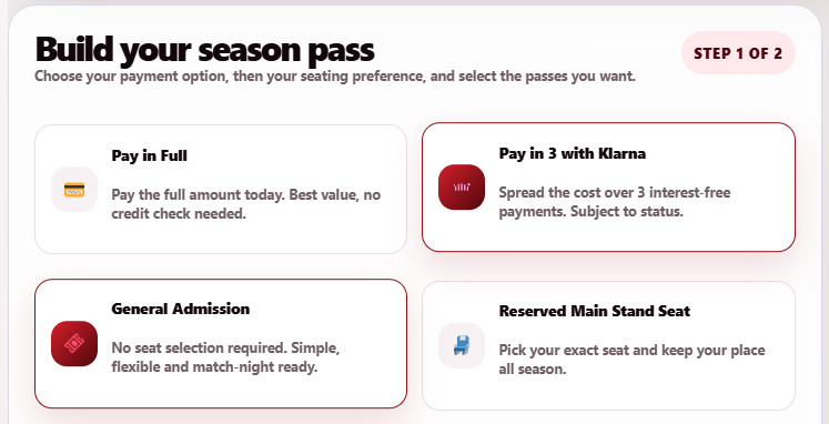 Season Pass payment route screen showing Pay in Full and Pay in 3 with Klarna options