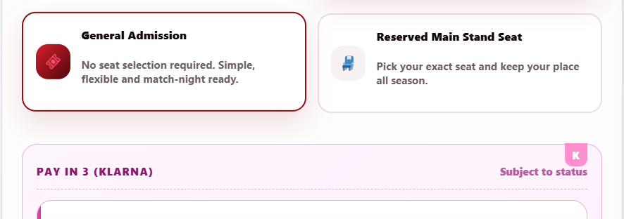 Season Pass screen showing General Access and Reserved Seat Season Pass options