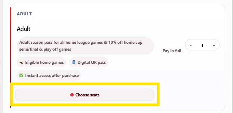 Reserved Seat Season Pass screen showing the Select Seats button
