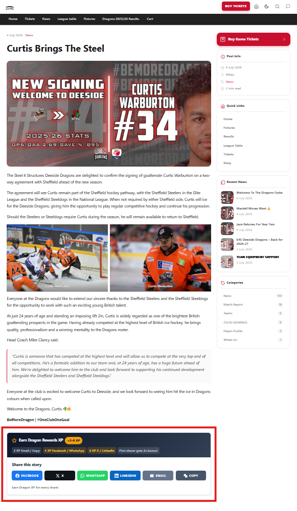 Example of the Dragons Share XP panel on a Deeside Dragons news article page.